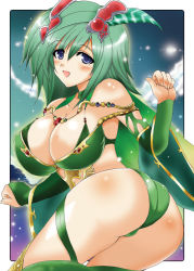 Rule 34 | 1990s (style), 1girl, ass, breasts, cleavage, final fantasy, final fantasy iv, final fantasy iv: the after years, green hair, hair ornament, huge breasts, leotard, aged up, rydia (ff4), smile, solo, yasakani an