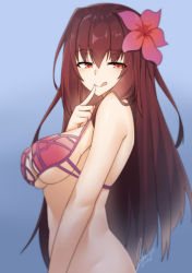 Rule 34 | 1girl, blush, breasts, brown hair, fate/grand order, fate (series), flower, hair flower, hair ornament, large breasts, licking lips, long hair, looking at viewer, orange eyes, scathach (fate), scathach (fate/grand order), scathach (swimsuit assassin) (fate), solo, swimsuit, tilt-shift (azalanz), tongue, tongue out, underboob