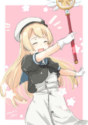 Rule 34 | 1girl, artist name, black dress, blonde hair, blue sailor collar, blush, buttons, closed eyes, commentary request, dated, dress, fyuo, gloves, hat, highres, holding, holding wand, jervis (kancolle), kantai collection, long hair, open mouth, sailor collar, sailor dress, sailor hat, short sleeves, signature, solo, star (symbol), wand, white gloves, white hat