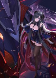 Rule 34 | 1girl, absurdres, august von parseval (azur lane), azur lane, black dress, black footwear, black hair, black thighhighs, blue eyes, breasts, cleavage, cleavage cutout, clothing cutout, curled horns, detached sleeves, dress, dutch angle, full body, gloves, highlander z, highres, horns, large breasts, long hair, mechanical horns, navel cutout, non-humanoid robot, robot dragon, short dress, skyline, solo, standing, thighhighs, very long hair, white gloves, zettai ryouiki