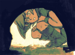 Rule 34 | 1boy, boots, brown eyes, grass, green tunic, green wristband, hand on own knee, hat, limited palette, link, looking at viewer, male focus, muted color, nintendo, outdoors, parted lips, peeking, rvsa, short hair, solo, squatting, the legend of zelda, the legend of zelda: ocarina of time, tunnel, young link