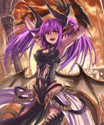Rule 34 | 10s, 1girl, :d, arms up, artist request, cygames, dragon girl, dragon horns, dragon tail, dragon wings, dragonewt princess, horns, loincloth, navel, official art, open mouth, orange eyes, pointy ears, purple hair, railing, raised eyebrow, ruins, scales, shadowverse, shingeki no bahamut, smile, spikes, tail, teeth, twintails, wings