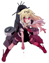 Rule 34 | 1girl, :q, black skirt, black socks, blonde hair, blood, blood on face, blood on hands, hair flaps, hair ornament, hair ribbon, hairclip, kantai collection, long hair, looking at viewer, neckerchief, pleated skirt, red eyes, red neckerchief, red scarf, ribbon, rigging, sailor collar, scarf, school uniform, serafuku, shoes, simple background, skirt, socks, solo, tongue, tongue out, tonmoh, yuudachi (kancolle), yuudachi kai ni (kancolle)