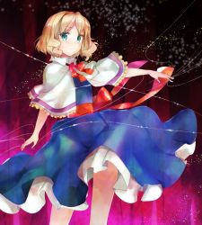 Rule 34 | 1girl, alice margatroid, ancomomomo, blonde hair, capelet, dress, frown, green eyes, hairband, jewelry, md5 mismatch, puppet rings, puppet strings, resolution mismatch, ribbon, ring, sash, solo, source smaller, touhou