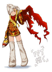 Rule 34 | 1girl, blonde hair, boots, female focus, final fantasy, final fantasy tactics, full body, gloves, ikkomadestroyer, iwamasama, long hair, mask, mime, mime (fft), scarf, solo, thighhighs, white background, yellow eyes