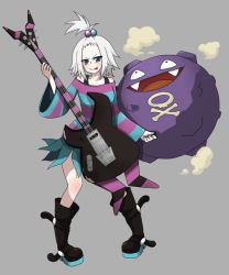 Rule 34 | 10s, 1girl, bass guitar, blue eyes, boots, creatures (company), female focus, game freak, gen 1 pokemon, guitar, gym leader, instrument, koffing, nintendo, pokemon, pokemon (creature), pokemon bw2, roxie (pokemon), shirt, short hair, striped clothes, striped shirt, topknot, white hair