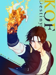 Rule 34 | 1boy, arm up, blue eyes, brown hair, character name, fingerless gloves, fire, from above, gakuran, gloves, headband, juu satoshi, kusanagi kyou, male focus, parted bangs, parted hair, pectorals, pyrokinesis, school uniform, smile, solo, the king of fighters, upper body