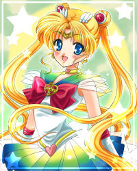 Rule 34 | 1990s (style), 1girl, bishoujo senshi sailor moon, bishoujo senshi sailor moon supers, blonde hair, blue eyes, blue sailor collar, blush, bow, brooch, choker, double bun, gloves, hair bun, hair ornament, hairpin, heart, heart brooch, jewelry, long hair, lowres, magical girl, multicolored clothes, multicolored skirt, pleated skirt, red bow, retro artstyle, sailor collar, sailor moon, shirataki kaiseki, skirt, smile, solo, star (symbol), super sailor moon, tiara, tsukino usagi, twintails, white gloves