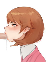 Rule 34 | 1boy, 1girl, blush, brown eyes, brown hair, cardigan, collared shirt, commentary, cum, cum in mouth, cum overflow, cumdrip, earrings, english commentary, eyelashes, fellatio, from side, hetero, highres, jewelry, n7grey, oral, penis, persona, persona 3, pink cardigan, shirt, short hair, simple background, solo, solo focus, stud earrings, takeba yukari, white background