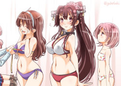 Rule 34 | 10s, 4girls, :&gt;, ^ ^, akashi (kancolle), arms behind back, ashigara (kancolle), bare shoulders, blush, bra, breasts, brown hair, bust measuring, closed eyes, covered erect nipples, food print, gradient background, hair bobbles, hair ornament, hairband, jitome, kantai collection, large breasts, long hair, measuring, multiple girls, navel, open mouth, panties, pink eyes, pink hair, sazanami (kancolle), smile, sogabe toshinori, twintails, underwear, underwear only, very long hair, white bra, white panties, yamato (kancolle)