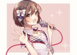 Rule 34 | 1girl, :d, aryuma772, bare arms, blush, border, bow, breasts, brown eyes, brown hair, cleavage, crop top, detached collar, hair between eyes, hair bow, highres, holding, holding microphone, meiko (vocaloid), microphone, more more jump! meiko, open mouth, short hair, small breasts, smile, solo, twitter username, upper body, vocaloid, white border, white bow