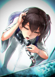 Rule 34 | 10s, 1girl, adjusting hair, bent over, breasts, brown hair, drinking fountain, closed eyes, japanese clothes, kaga (kancolle), kantai collection, lif (lif &amp; ref), open mouth, short hair, side ponytail, solo, thighhighs, water