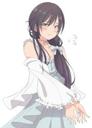 Rule 34 | 1girl, absurdres, bare shoulders, black hair, blue dress, blush, bow, breasts, choker, cleavage, closed mouth, collarbone, detached sleeves, dot nose, dress, eitopondo, flying sweatdrops, frilled dress, frilled sleeves, frills, from side, hair between eyes, hair bow, hair over shoulder, hair ribbon, highres, idolmaster, idolmaster shiny colors, large breasts, long hair, long sleeves, looking at viewer, ribbon, ribbon choker, shirase sakuya, shy, side ponytail, simple background, sleeveless, sleeveless dress, smile, solo, upper body, white background, white ribbon, white sleeves, yellow eyes