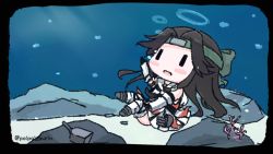 Rule 34 | 1girl, black border, black eyes, blush, border, brown hair, bubble, chibi, coral, elbow gloves, forehead protector, gloves, hair intakes, headband, jintsuu (kancolle), jintsuu kai ni (kancolle), kantai collection, long hair, open mouth, pleated skirt, poipoi purin, rigging, sailor collar, skirt, solo, thighhighs, twitter username, underwater