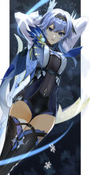 Rule 34 | 1girl, arms up, bad id, bad pixiv id, black footwear, black hairband, black leotard, blue eyes, blue hair, boots, breasts, eula (genshin impact), genshin impact, gradient hair, hair between eyes, hair intakes, hairband, highres, holding, holding sword, holding weapon, large breasts, leotard, long hair, long sleeves, looking at viewer, medium breasts, multicolored hair, okura shito, open mouth, outside border, pillarboxed, silver hair, smile, solo, standing, sword, thigh boots, thighhighs, weapon