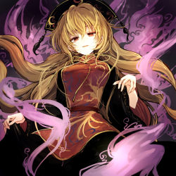 Rule 34 | 1girl, aura, black background, black dress, black hat, blonde hair, breasts, clothes lift, dress, dress lift, energy, floating hair, hair between eyes, hat, highres, hisona (suaritesumi), junko (touhou), lifted by self, long sleeves, looking at viewer, medium breasts, parted lips, red eyes, ribbon, simple background, smile, solo, tabard, tassel, touhou, yellow ribbon