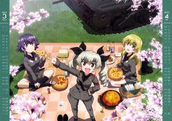 Rule 34 | 10s, 3girls, :d, absurdres, anchovy (girls und panzer), anzio military uniform, black legwear, black neckwear, black ribbon, black shirt, blonde hair, brown eyes, calendar, carpaccio (girls und panzer), cherry blossoms, day, drill hair, eating, food, from above, girls und panzer, green eyes, grey hair, grey jacket, grey pants, grey skirt, hair between eyes, hair ribbon, hanami, hand on own hip, highres, holding, holding food, indian style, jacket, kneeling, long hair, looking up, military, military vehicle, motor vehicle, multiple girls, open mouth, outdoors, pants, pepperoni (girls und panzer), pizza, purple hair, red eyes, ribbon, shirt, sitting, skirt, smile, socks, standing, tank, twin drills