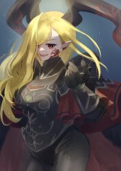 Rule 34 | 1girl, armor, be syake, black armor, black bodysuit, black horns, blonde hair, bodysuit, dragon horns, facial mark, fate/grand order, fate (series), hair over one eye, highres, horns, long hair, looking at viewer, nero claudius (fate), nero claudius (fate) (all), night, outdoors, pointy ears, queen draco (fate), queen draco (third ascension) (fate), shoulder plates, smile, solo, wavy hair
