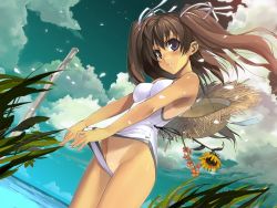 Rule 34 | 1girl, beach, black eyes, brown hair, bush, casual one-piece swimsuit, clothes lift, clothes pull, cloud, day, duplicate, dutch angle, flower, hair ribbon, hat, hat on back, lifting own clothes, long hair, morii shizuki, ocean, one-piece swimsuit, one-piece swimsuit pull, one-piece tan, original, outdoors, petals, ribbon, sky, solo, star (sky), straw hat, sunflower, swimsuit, swimsuit lift, tan, tanline, twintails, wallpaper, water, wind