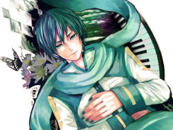 Rule 34 | 1boy, aqua scarf, blue eyes, blue hair, bug, butterfly, flower, headset, insect, instrument, kaito (vocaloid), male focus, matching hair/eyes, piano, piyokichi, scarf, solo, vocaloid