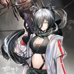 Rule 34 | 1girl, animal ears, arknights, arrow (projectile), black scarf, breasts, cat ears, commentary request, crop top, grey background, hair over one eye, highres, holding, holding weapon, jacket, long hair, long sleeves, medium breasts, midriff, muang (muang vrc), navel, open clothes, open jacket, quiver, scarf, schwarz (arknights), silver hair, solo, stomach, trigger discipline, upper body, very long hair, weapon, white jacket, yellow eyes