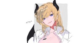 Rule 34 | 1girl, blonde hair, blue eyes, collarbone, collared shirt, commentary request, demon horns, demon wings, head tilt, highres, hirako daishougun, hololive, horns, looking at viewer, medium hair, negative space, open mouth, pointy ears, shirt, solo, upper body, virtual youtuber, white shirt, wings, yuzuki choco