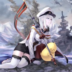 Rule 34 | 1girl, azur lane, black skirt, blue eyes, boots, cape, commentary, cross, cross earrings, earrings, english commentary, flag, gloves, hand on floor, hat, high heel boots, high heels, highres, holding, holding flag, jacket, jewelry, looking away, manjuu (azur lane), military, military hat, military vehicle, mountain, open mouth, parted lips, peaked cap, ship, short hair, skirt, smoke, solo, suprii, thigh boots, tirpitz (azur lane), warship, water, watercraft, white cape, white footwear, white gloves, white hair, white hat, white jacket