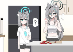 2girls absurdres animal_ear_fluff animal_ears b.t._(boob_tong) black_choker black_halo blue_archive blue_eyes blue_halo blush breasts broken_halo chili_pepper choker cleavage cross cross_hair_ornament cutting_board dark_halo dual_persona extra_ears food grey_hair hair_ornament halo highres inverted_cross knife large_breasts long_hair medium_hair mismatched_pupils multiple_girls popsicle shiroko_(blue_archive) shiroko_terror_(blue_archive) wolf_ears