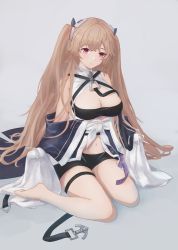 Rule 34 | 1girl, anchorage (azur lane), azur lane, black shorts, breasts, cleavage, full body, grey background, herfstijl, highres, large breasts, light brown hair, looking at viewer, micro shorts, navel, purple eyes, ribbon between breasts, shorts, simple background, solo, twintails, very long sleeves