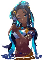 Rule 34 | 1girl, absurdres, armlet, bare shoulders, beads, belly chain, bikini, black hair, blue eyes, blue hair, blush, breasts, closed mouth, collarbone, creatures (company), dark-skinned female, dark skin, earrings, eyelashes, forehead, game freak, gloves, gym leader, hand in own hair, highres, hoop earrings, jewelry, long hair, looking at viewer, makeup, mascara, medium breasts, midriff, mikkusushi, multicolored hair, navel, necklace, nessa (pokemon), nintendo, one eye closed, partially submerged, pendant, pokemon, pokemon swsh, simple background, single glove, solo, sportswear, swimsuit, tankini, two-tone hair, water, wet, white background