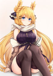 Rule 34 | 1girl, alternate costume, azur lane, bare shoulders, black footwear, black thighhighs, blonde hair, blue eyes, blush, breasts, breath, brown coat, casual, character name, closed mouth, coat, coat dress, copyright name, cross, cross necklace, hair ornament, hair ribbon, hairclip, high heels, highres, jewelry, large breasts, laurel crown, long hair, looking at viewer, necklace, off shoulder, purple sweater, ribbed sweater, ribbon, ryara, scarf, sidelocks, sitting, smile, solo, sweater, sweater vest, thighhighs, very long hair, victorious (azur lane), victorious (the goddess&#039; day off) (azur lane)