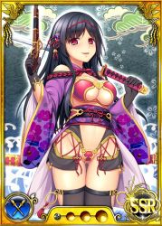 Rule 34 | 1girl, black hair, blush, breasts, card (medium), cleavage, cleavage cutout, clothing cutout, covering privates, covering crotch, detached collar, detached sleeves, dmm, female focus, gloves, groin, gun, japanese clothes, large breasts, legs, long hair, looking at viewer, nobunaga wa ore no yome. hime bushou 1000-ningiri, official art, red eyes, simple background, skirt, solo, standing, sword, thighhighs, thighs, trading card, weapon