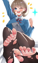 Rule 34 | 1girl, absurdres, artist request, blue eyes, blush, feet, foot focus, he c92, highres, love live!, love live! superstar!!, medium hair, one eye closed, open mouth, pantyhose, soles, solo, tang keke, toes, torn clothes, torn pantyhose, white background