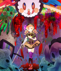 Rule 34 | 10s, 1girl, :q, alternate color, alternate costume, bad id, bad pixiv id, beret, blonde hair, blood, blurry, boots, breasts, charlotte (madoka magica), corset, crossed legs, depth of field, drill hair, gun, hair ornament, hairpin, hand on own chest, hat, magical girl, magical musket, mahou shoujo madoka magica, mahou shoujo madoka magica (anime), medium breasts, pleated skirt, puffy sleeves, purple thighhighs, ribbon, rifle, shirt, skirt, smile, standing, striped clothes, striped thighhighs, taut clothes, taut shirt, television, thighhighs, togata, tomoe mami, tongue, tongue out, twin drills, twintails, vertical-striped clothes, vertical-striped thighhighs, watson cross, weapon, witch&#039;s labyrinth, yellow eyes, zettai ryouiki