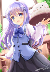 Rule 34 | 1girl, :d, angora rabbit, animal, black skirt, blue bow, blue eyes, blue hair, blue vest, blush, bow, collared shirt, commentary request, dated, day, gochuumon wa usagi desu ka?, hair between eyes, hair ornament, happy birthday, highres, holding, holding tray, indoors, kafuu chino, long hair, long sleeves, looking at viewer, open mouth, pleated skirt, rabbit, rabbit house uniform, shirt, skirt, sleeves past wrists, smile, standing, sunlight, tippy (gochiusa), tray, uniform, very long hair, vest, waitress, white shirt, window, x hair ornament, xenon (for achieve)
