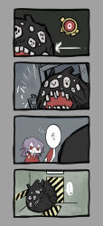 Rule 34 | ..., 1girl, 4koma, collared shirt, colored skin, comic, commentary request, employee (project moon), harvest fes, highres, jacket, lobotomy corporation, medium hair, mountain of smiling bodies, necktie, no nose, notice lines, open mouth, project moon, purple hair, red jacket, red necktie, shirt, smile, spoken ellipsis, sword, translation request, weapon, white shirt, white skin