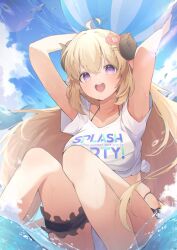 Rule 34 | 1girl, :d, ahoge, armpits, blonde hair, blue sky, breasts, eat some cookie, fake horns, highres, hololive, horns, large breasts, long hair, open mouth, outdoors, sheep girl, sheep horns, sky, smile, solo, swimsuit, tsunomaki watame, virtual youtuber, water, wet