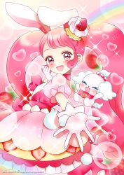 Rule 34 | absurdres, animal ears, cake, cake hair ornament, choker, cure whip, dress, earrings, food, food-themed hair ornament, food-themed ornament, gradient background, hair ornament, highres, hoshinokuzu alice, jewelry, kirakira precure a la mode, long hair, looking at viewer, looking back, magical girl, open mouth, pekorin (precure), pink background, pink choker, pink dress, pink eyes, pink hair, pom pom (clothes), pom pom earrings, precure, puffy sleeves, rabbit, rabbit ears, rainbow, smile, strawberry shortcake, twintails, usami ichika, whip, whipped cream
