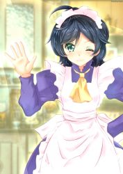 Rule 34 | 1girl, ahoge, alternate costume, apron, ascot, black hair, blurry, commentary request, cowboy shot, depth of field, dress, enmaided, frilled apron, frills, green eyes, hand on own hip, highres, kantai collection, kumichou (nakasato-gumi), looking at viewer, maid, maid headdress, matsukaze (kancolle), one-hour drawing challenge, purple dress, short hair, smile, solo, swept bangs, wavy hair, white apron, yellow ascot