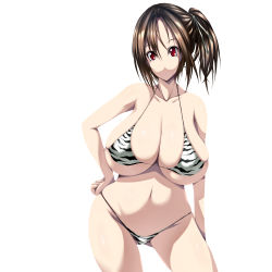 Rule 34 | 1girl, absurdres, bikini, breasts, brown hair, curvy, female focus, groin, highres, hip focus, huge breasts, navel, original, ponytail, red eyes, side ponytail, simple background, solo, standing, string bikini, striped, swimsuit, tsukasawa takamatsu, white background, wide hips