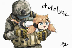Rule 34 | 1boy, 1girl, :3, :d, aiming, ammunition pouch, animal ears, black footwear, black shorts, boots, brown gloves, bulletproof vest, camouflage, cat ears, cat girl, cat tail, chibi, commentary, covered eyes, digital camouflage, elbow pads, fang, girls&#039; frontline, gloves, grey eyes, hair between eyes, hair ornament, hairclip, hands up, headset, helmet, helmet over eyes, holding, idw (girls&#039; frontline), jazz jack, knee boots, korean text, long hair, long sleeves, military, military uniform, open mouth, orange hair, parted bangs, pouch, shirt, short shorts, short twintails, shorts, signature, simple background, smile, sound effects, standing, tail, translation request, twintails, unconventional gun, uniform, v-shaped eyebrows, visor, white background, white shirt