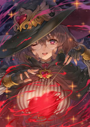 Rule 34 | 1girl, belt buckle, black cape, black gloves, black hat, breasts, brown hair, buckle, cape, commentary request, fingerless gloves, gloves, hagure keg, hair between eyes, hands up, hat, heart, heart-shaped pupils, highres, holding, holding wand, large breasts, looking at viewer, magic, nail polish, one eye closed, open mouth, original, pink hair, pink nails, rimless eyewear, round eyewear, round teeth, shirt, solo, striped clothes, striped shirt, symbol-shaped pupils, teeth, underbust, upper body, upper teeth only, vertical-striped clothes, vertical-striped shirt, wand, witch hat, wizard