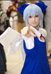 Rule 34 | 1girl, asian, blue hair, blurry, bow, cirno, cirno (cosplay), cosplay, cosplay photo, depth of field, female focus, photo (medium), solo, touhou, wings