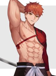 Rule 34 | 1boy, abs, arm behind head, armpits, collarbone, commentary, cowboy shot, emiya shirou, fate/grand order, fate (series), hair between eyes, highres, holding, holding sword, holding weapon, igote, katana, large pectorals, looking at viewer, male focus, muscular, muscular male, navel, orange eyes, orange hair, parted lips, pectorals, senji muramasa (fate), seum (kao husband), short hair, solo, sweat, sword, symbol-only commentary, weapon