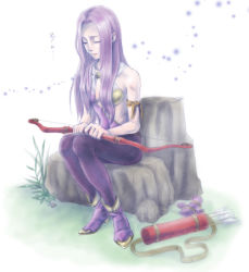 Rule 34 | 1980s (style), 1girl, arrow (projectile), bare shoulders, boots, bow (weapon), closed eyes, female focus, final fantasy, final fantasy ii, full body, long hair, maria (ff2), nature, retro artstyle, outdoors, purple hair, quiver, retro artstyle, seweetchoko, sitting, solo, tears, weapon, white background