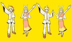 Rule 34 | blonde hair, bracelet, brother and sister, commentary request, cosmospice (vocaloid), hair ornament, highres, jacket, jewelry, kagamine len, kagamine rin, midriff, navel, neckerchief, necktie, official art, open clothes, open jacket, open mouth, original, pinocchio-p, siblings, simple background, traditional clothes, turban, twins, veil, vocaloid, yellow background, yellow neckerchief, yellow necktie, yellow theme