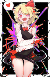 Rule 34 | 1girl, absurdres, ambiguous red liquid, black background, black dress, blonde hair, border, bow, bowtie, breasts, collared shirt, commentary request, cowboy shot, dress, eyes visible through hair, gluteal fold, guming diban, hair ribbon, head tilt, heart, heart-shaped pupils, highres, long sleeves, open mouth, pinafore dress, red bow, red bowtie, red eyes, red ribbon, ribbon, rumia, shirt, short dress, short hair, sleeveless dress, small breasts, solo, splatter, splatter background, spoken heart, symbol-shaped pupils, teeth, thick eyebrows, torn clothes, touhou, upper teeth only, white border, white shirt
