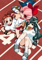 Rule 34 | 3girls, akatsuki gomoku, antenna hair, aqua eyes, bandaid, bandaid on face, black hair, breasts, brown eyes, brown hair, buruma, final romance 4, flag, from above, holding, holding flag, knees up, large breasts, long hair, looking at viewer, mouth hold, multiple girls, name tag, non-web source, official art, open mouth, pink hair, red buruma, red eyes, shoes, short hair, sitting, sneakers, sweat, track and field