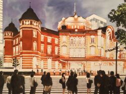 Rule 34 | 6+others, blue sky, building, city, cloud, cloudy sky, crosswalk, lamppost, multiple others, night, night sky, original, painting (medium), road, sign, sky, toirom pmxh, tokyo (city), tokyo station, traditional media, tree
