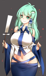 Rule 34 | 1girl, blue hakama, blue skirt, breasts, collared shirt, commentary, crop top, detached sleeves, duplicate, fingernails, frog hair ornament, gohei, green eyes, green hair, green nails, grey background, groin, hair ornament, hair tubes, hakama, hakama skirt, highres, japanese clothes, kochiya sanae, large breasts, long skirt, midriff, nail polish, navel, no panties, nontraditional miko, pixel-perfect duplicate, raptor7, shirt, simple background, skirt, sleeveless, sleeveless shirt, smile, snake hair ornament, solo, symbol-only commentary, touhou, white shirt, wide hips